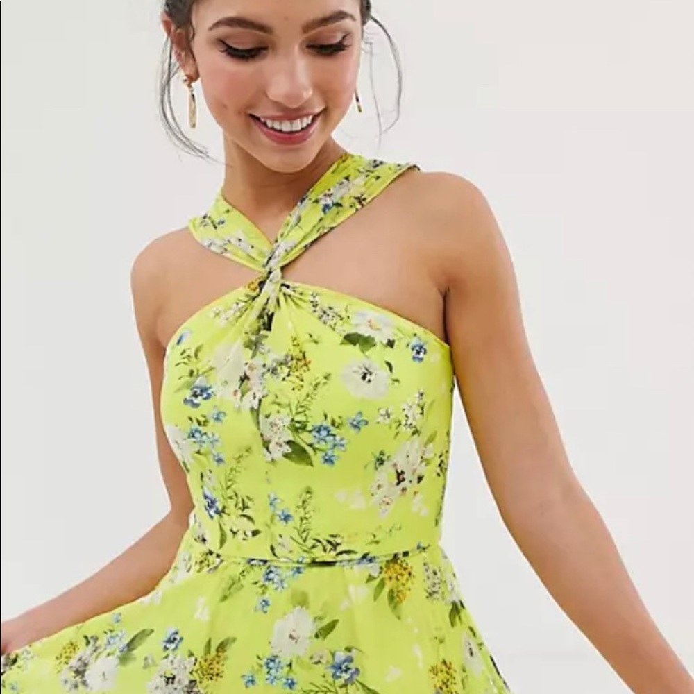 Corset Halter V Neck Green Floral Print Midi Dress